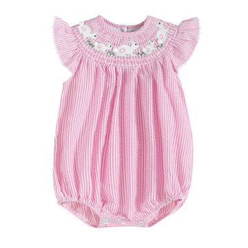 Pink Seersucker Running Bunnies Smocked Flutter Romper - Lil Cactus