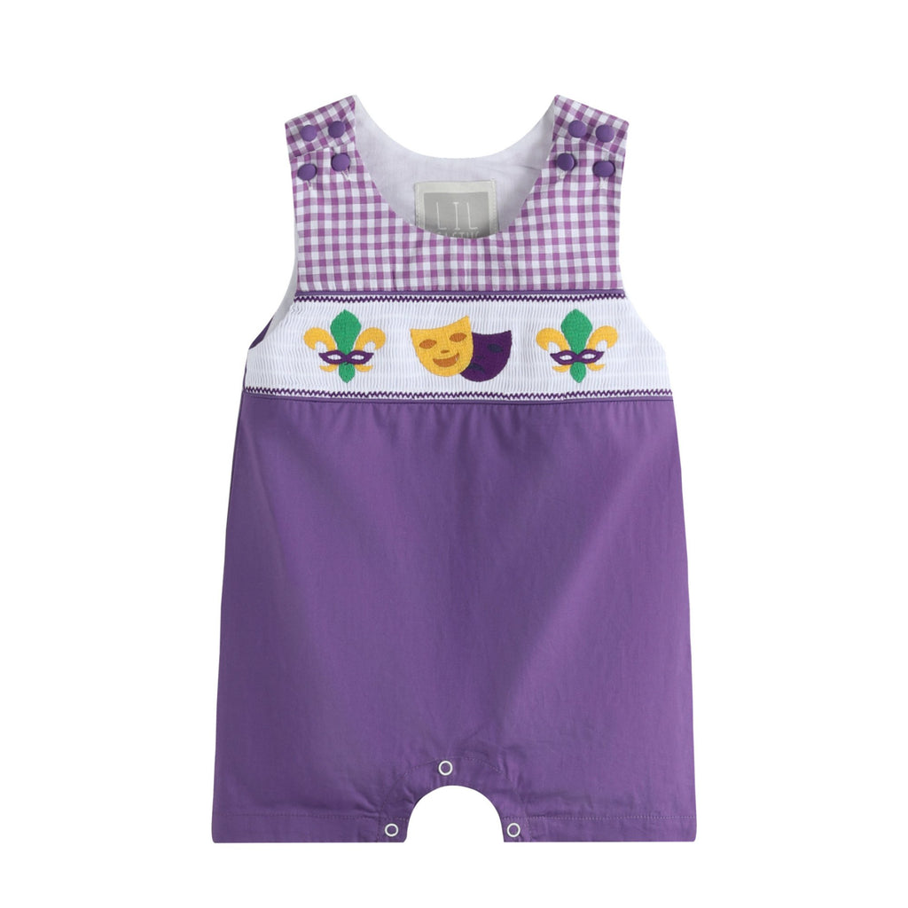 Purple and Gingham Mardi Gras Smocked Shortalls - Lil Cactus