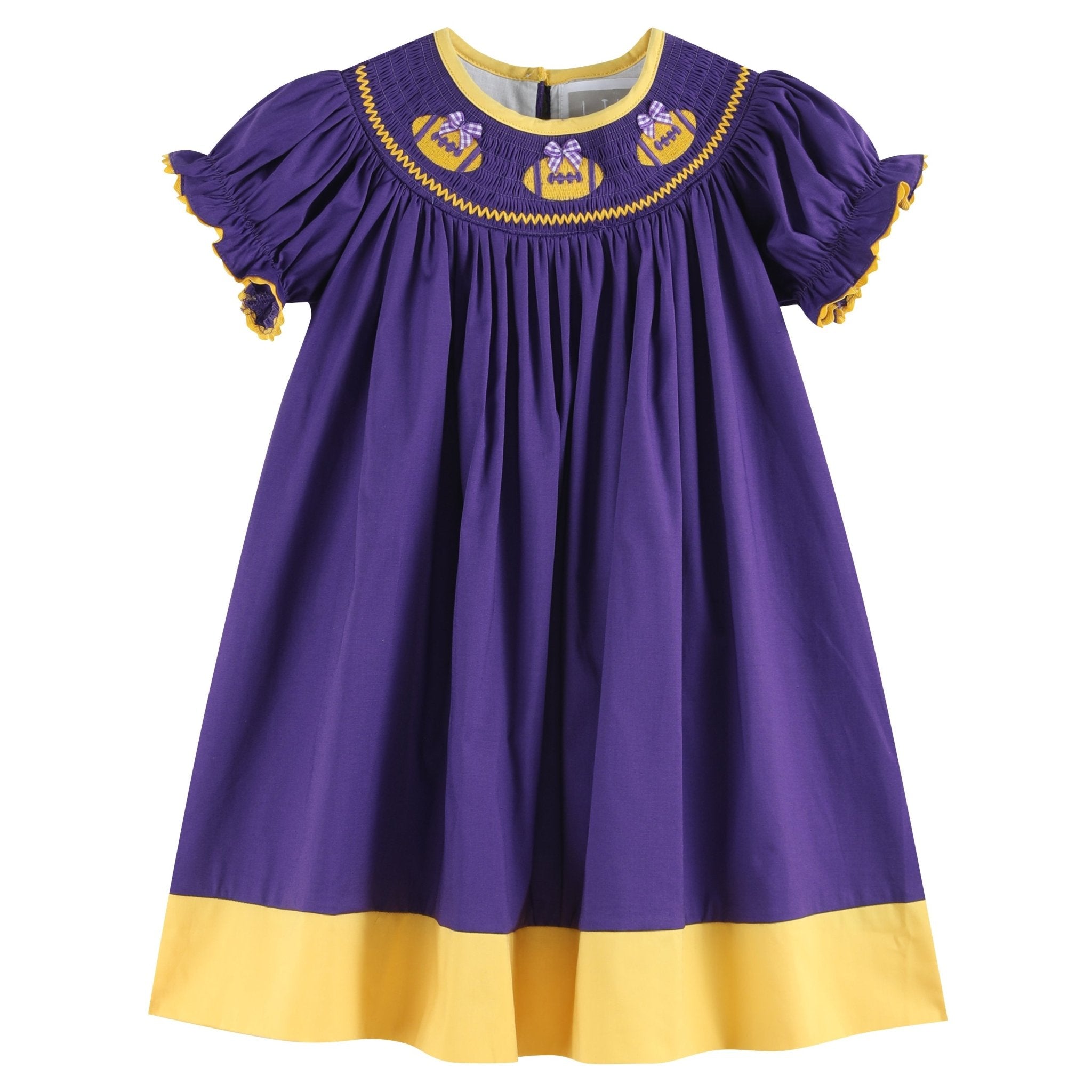 Purple and Gold Football Smocked Bishop Dress