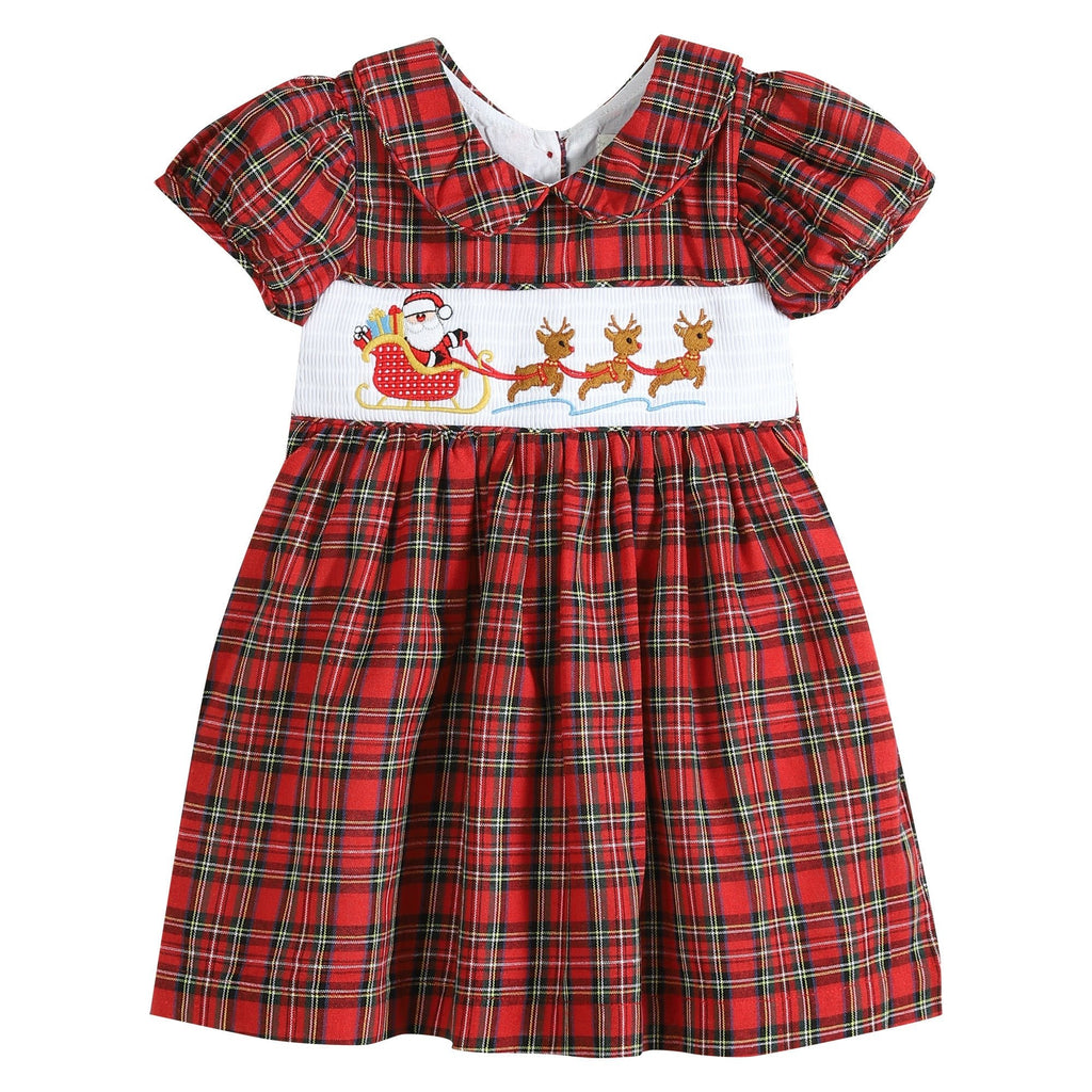 Red Christmas Plaid Santa Sleigh Smocked Dress - Lil Cactus