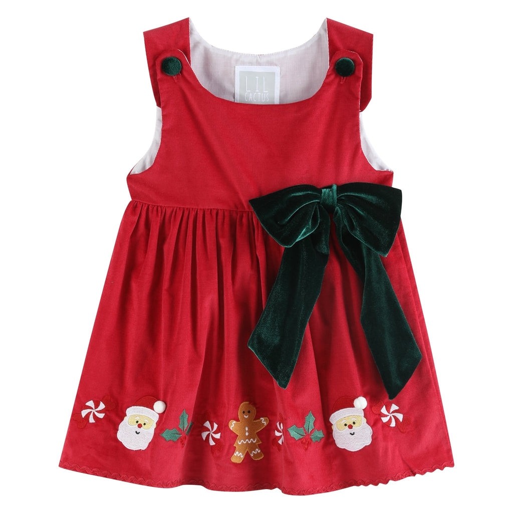 Red Corduroy Christmas Applique Big Bow Dress - Lil Cactus