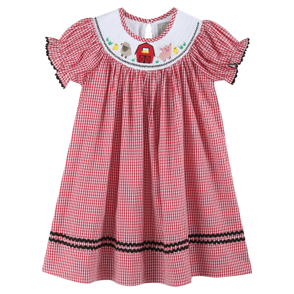 Red Gingham Barn Animals Smocked Bishop Dress - Lil Cactus