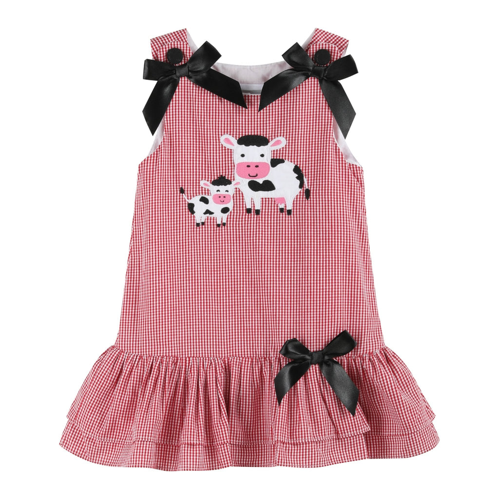 Red Gingham Mama and Baby Cow Ruffle Bow Dress - Lil Cactus