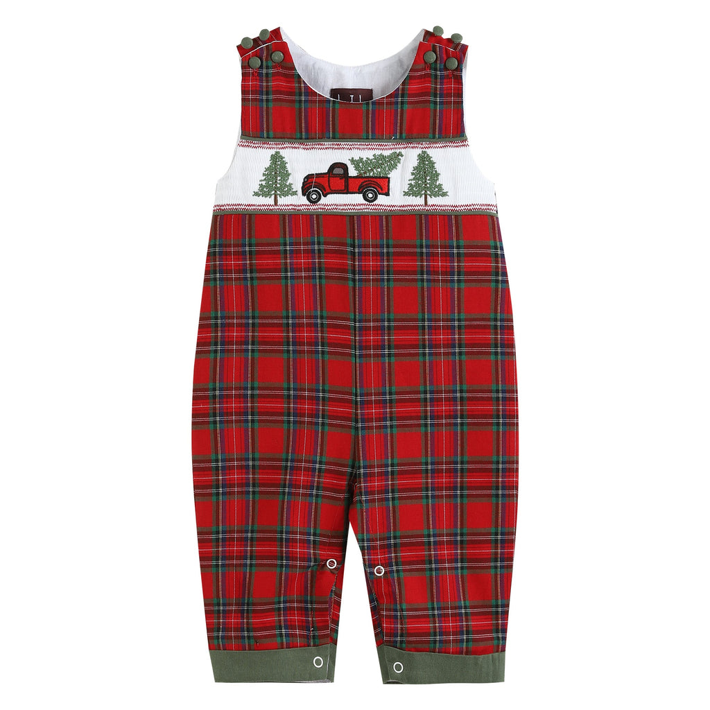 Red Plaid Truck & Tree Smocked Overalls - Lil Cactus