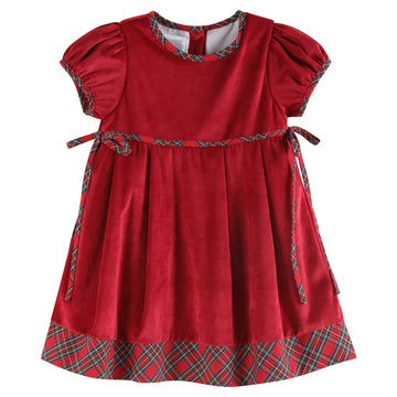 Red Velour and Christmas Plaid Bow Dress - Lil Cactus