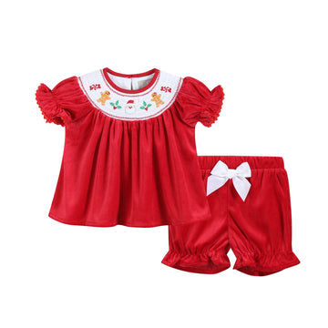 Red Velour Christmas Smocked Dress and Bloomers Set - Lil Cactus