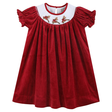 Red Velour Reindeer Smocked Bishop Dress - Lil Cactus