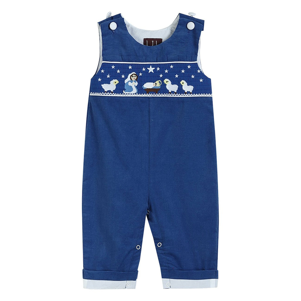 Royal Blue Corduroy Nativity Smocked Overalls - Lil Cactus