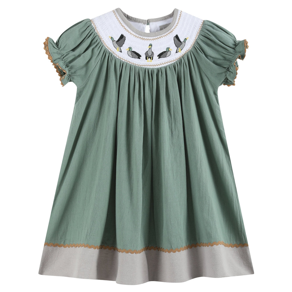 Sage Green Mallard Smocked Bishop Dress - Lil Cactus