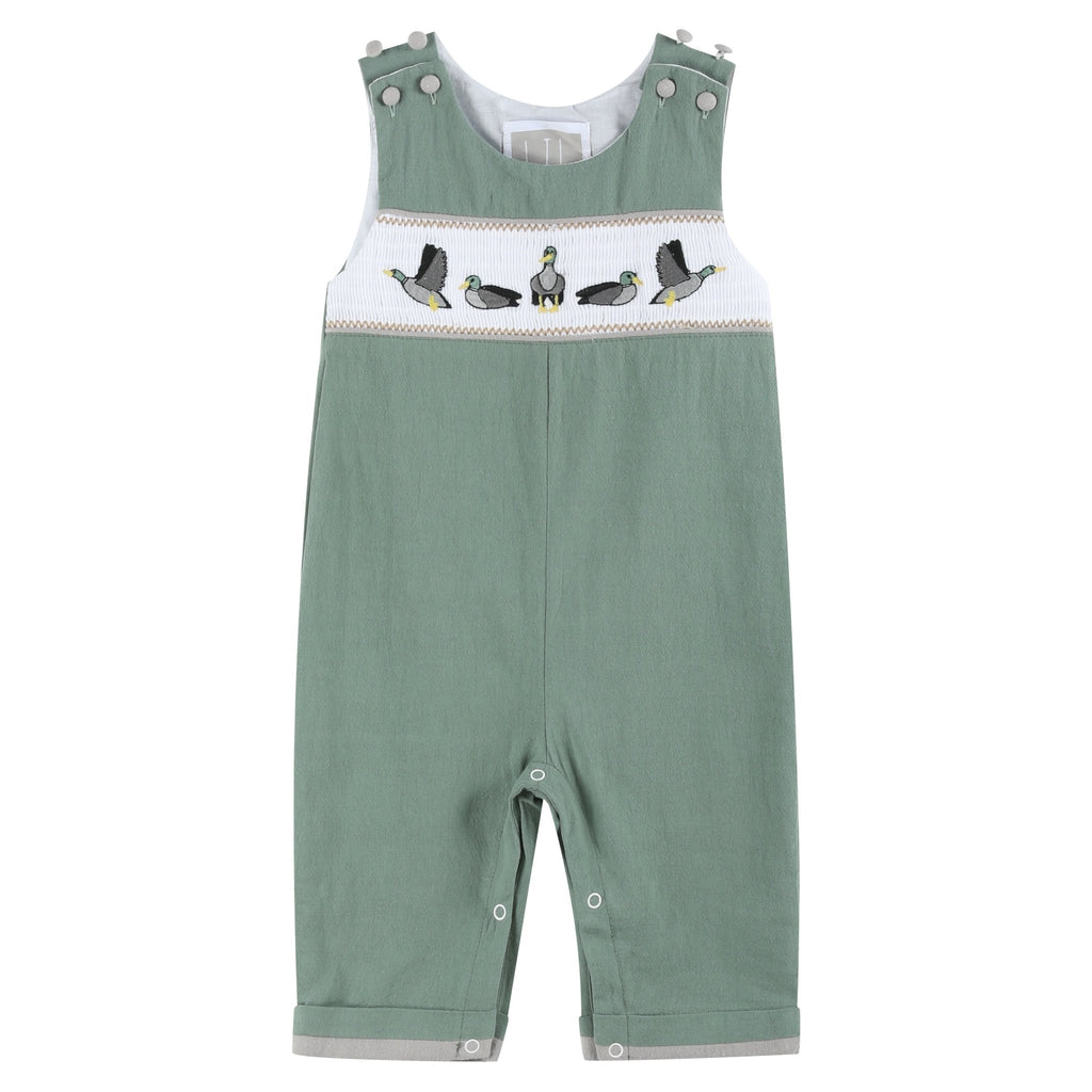 Sage Green Mallard Smocked Overalls - Lil Cactus