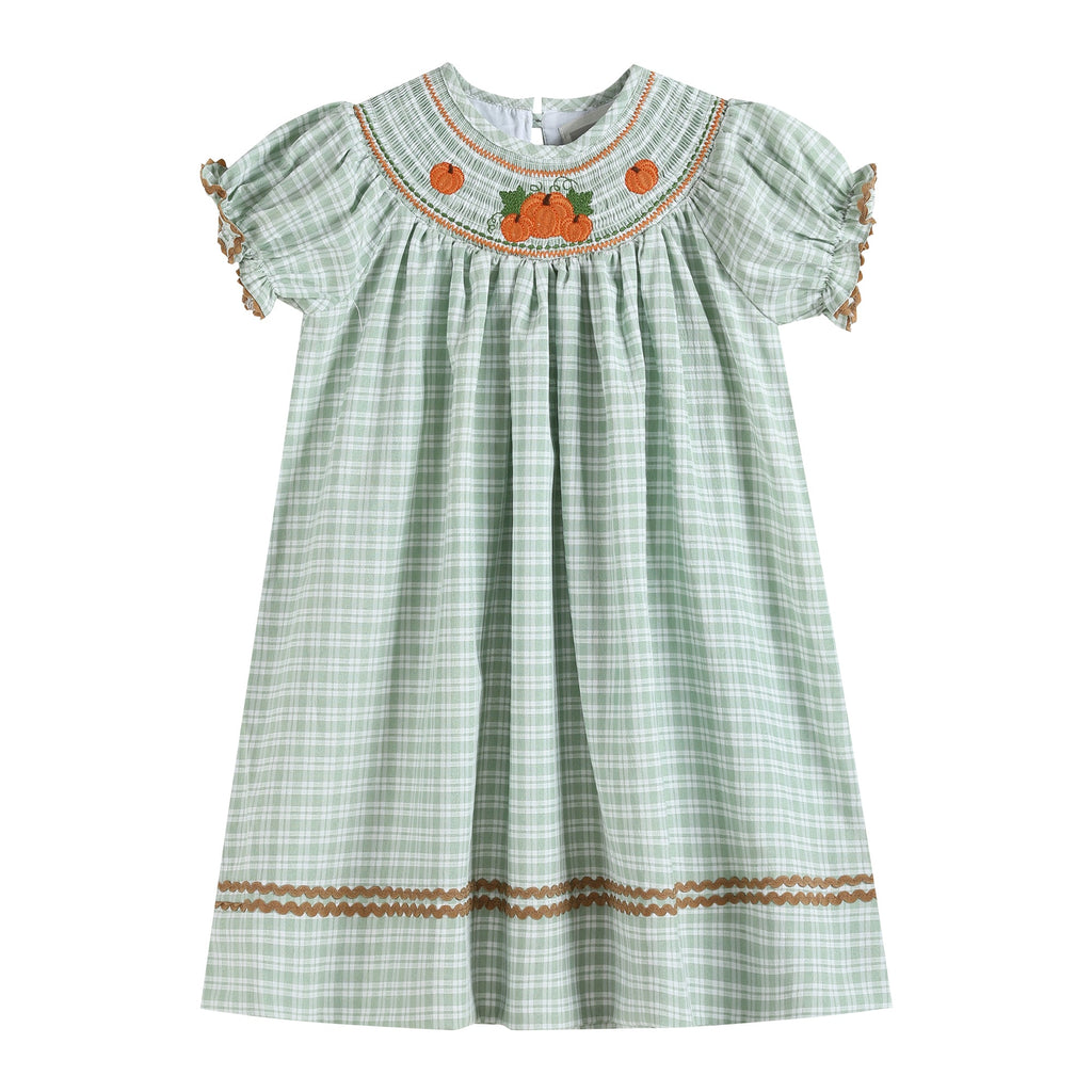 Sage Green Plaid Pumpkin Smocked Bishop Dress - Lil Cactus