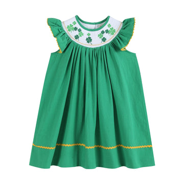 St. Patrick's Day Shamrock Green Smocked Bishop Dress - Lil Cactus