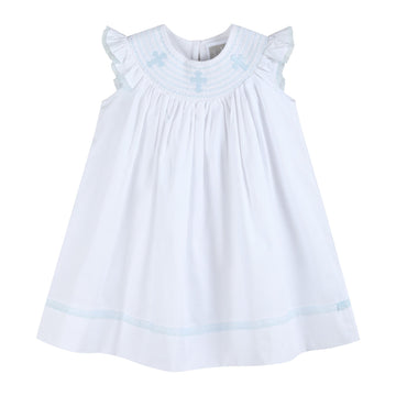 White and Blue Holy Smocked Bishop Dress - Lil Cactus