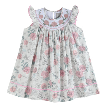 White and Pink Floral Smocked Bishop Dress - Lil Cactus