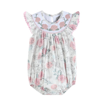 White and Pink Floral Smocked Flutter Romper - Lil Cactus