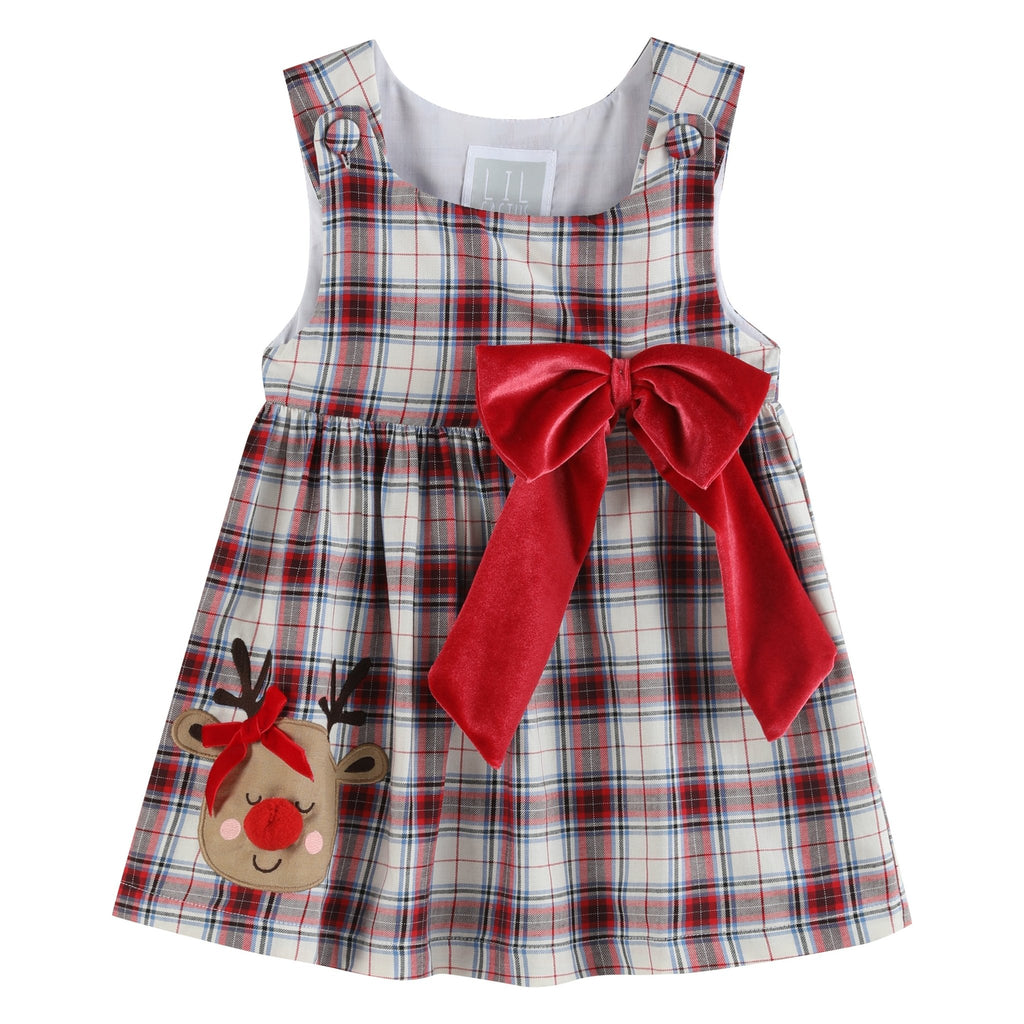 White and Red Plaid Reindeer Big Bow and Button Dress - Lil Cactus