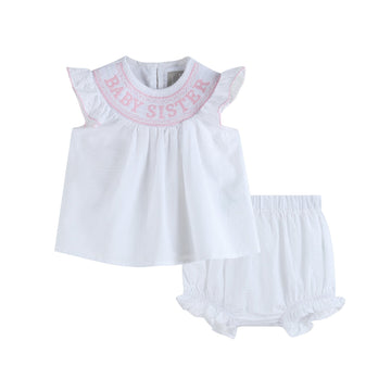 White Baby Sister Smocked Dress and Bloomer Set - Lil Cactus