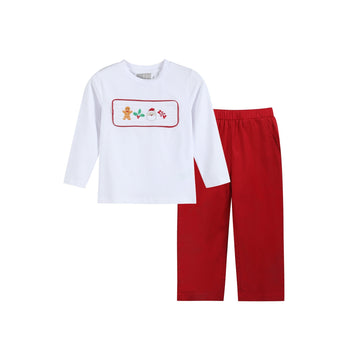 White Christmas Smocked Shirt and Red Corduroy Pants Set - Lil Cactus