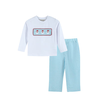 White Santa Smocked Shirt and Blue Pants Set - Lil Cactus