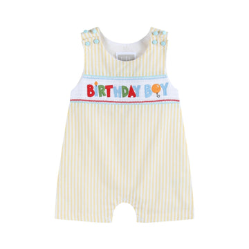 Yellow & White Stripe 'Birthday Boy' Smocked Shortalls - Lil Cactus