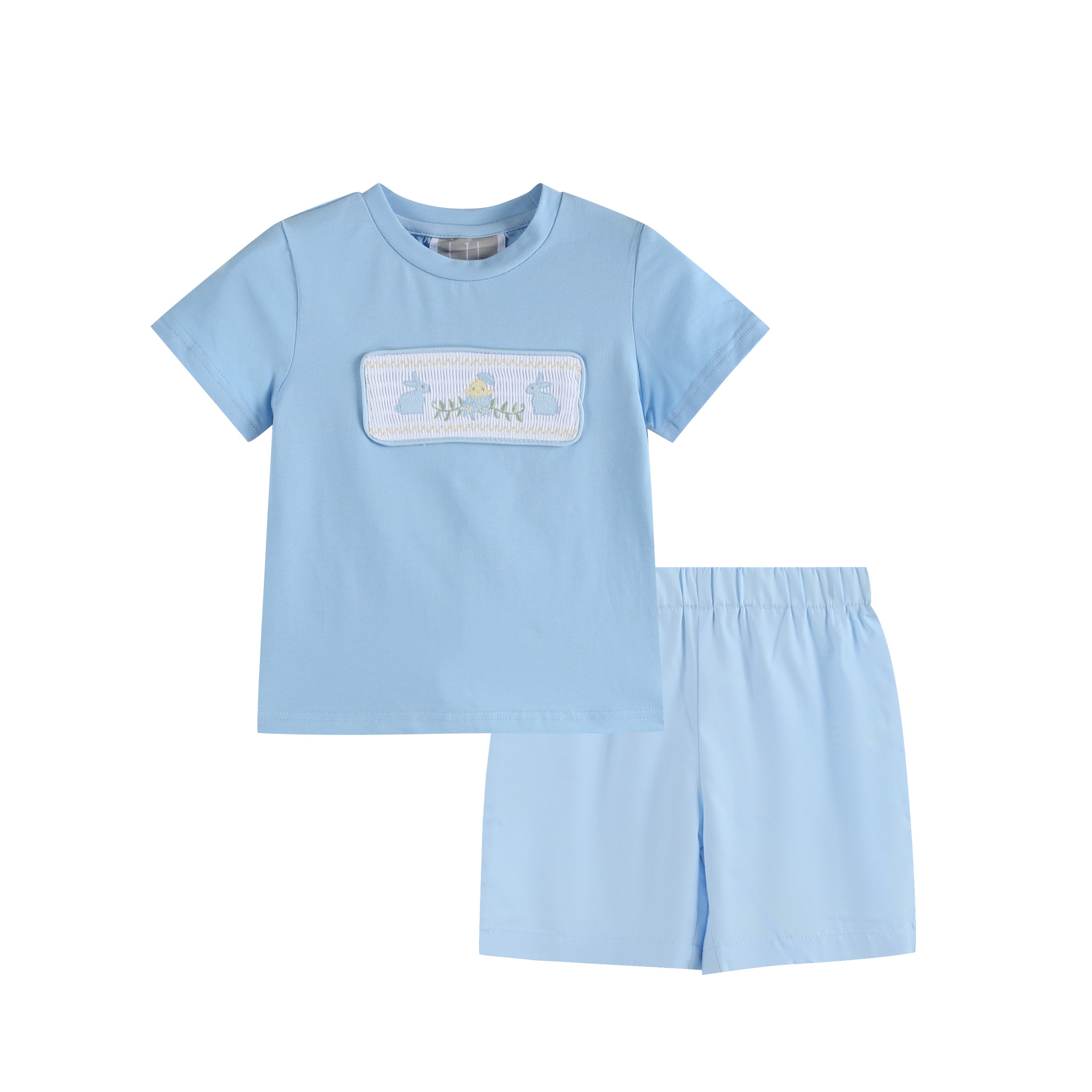 Blue Seersucker Easter Bunnies Boys Smocked Shirt and Shorts Set