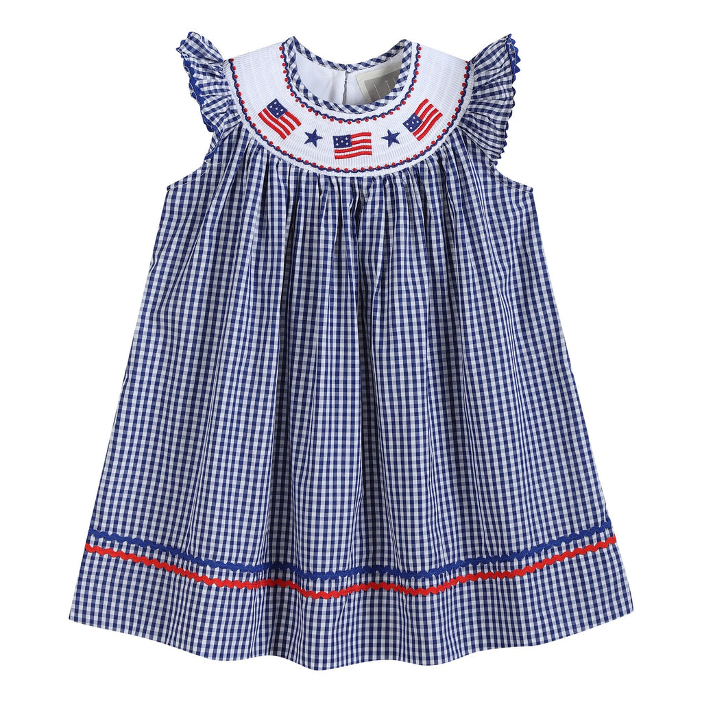 4th of July Royal Blue Gingham American Flag Smocked Bishop Dress - Lil Cactus