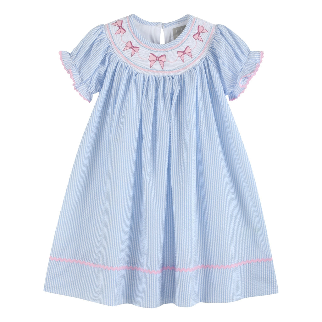 Blue Seersucker Bow Smocked Bishop Dress - Lil Cactus