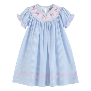 Blue Seersucker Bow Smocked Bishop Dress - Lil Cactus