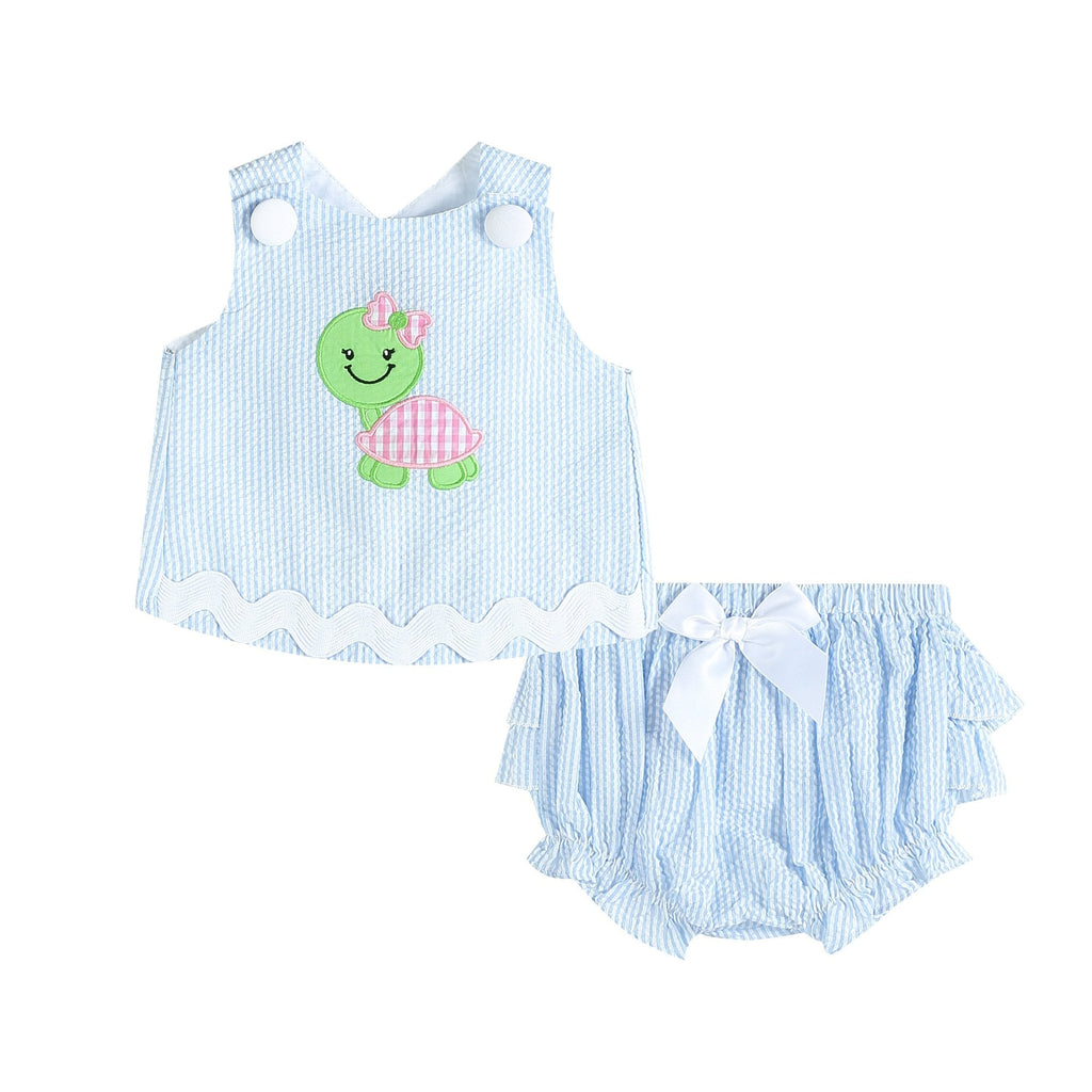 Light Blue Seersucker Turtle Top and Bloomer Set - Lil Cactus