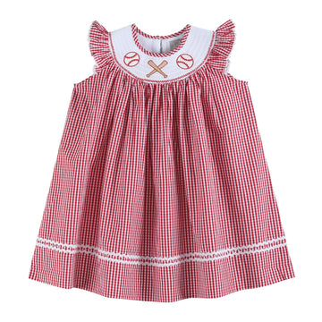 Red Gingham Baseball Smocked Bishop Dress - Lil Cactus