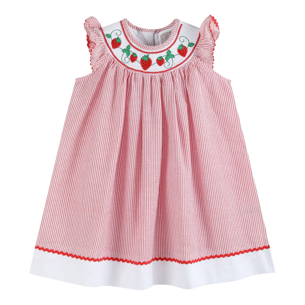 Red Seersucker Strawberry Smocked Bishop Dress - Lil Cactus