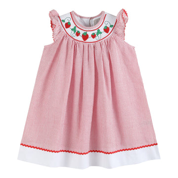 Red Seersucker Strawberry Smocked Bishop Dress - Lil Cactus